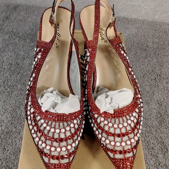 Venus Celia Shoes Womens Size 8.5 Red Studded Slingback Heels Pointed Toe Mesh - Picture 2 of 13